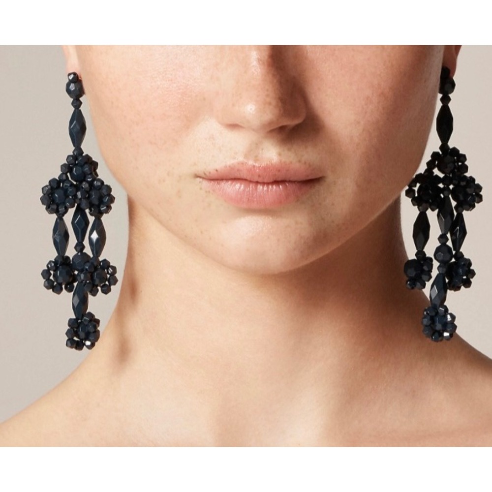 J.Crew Navy Faceted Glass Bead Chandelier Statement Drop Earrings Dust Bag NEW